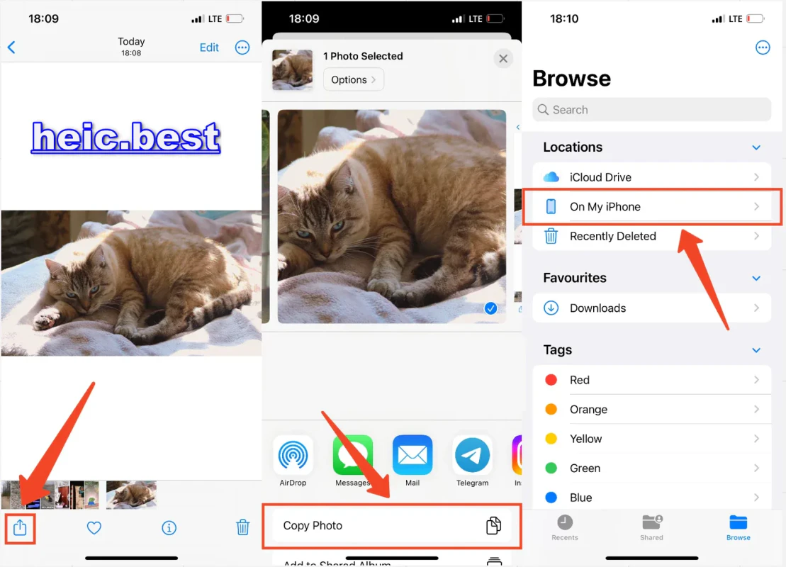 Flusso Foto e File su iPhone che illustra copia e incolla per salvare foto HEIC come JPG