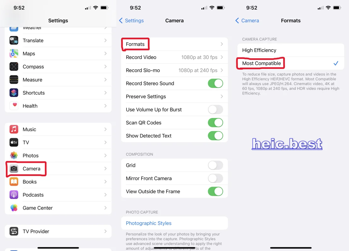 Schermata Formati di Fotocamera in Impostazioni su iPhone con Più compatibile selezionato per salvare le nuove foto in JPG